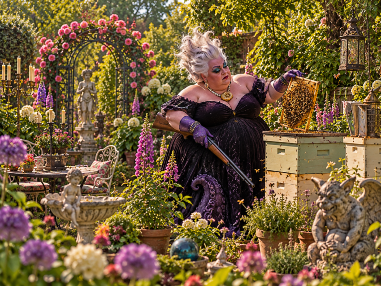 Ursula the Sea Witch tending beehives in an overgrown garden while carrying a loaded rifle.