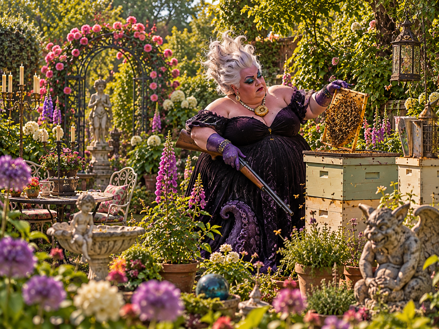 Ursula the Sea Witch tending beehives in an overgrown garden while carrying a loaded rifle.