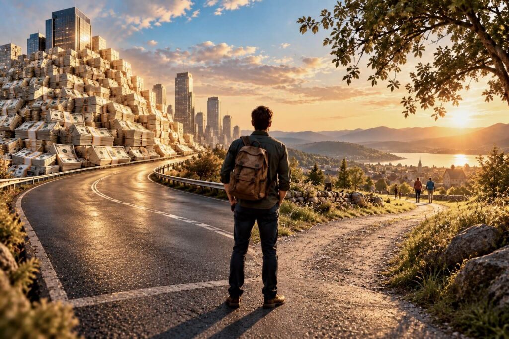 Person deciding which path to take - left is money - right is life