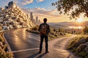 Person deciding which path to take - left is money - right is life