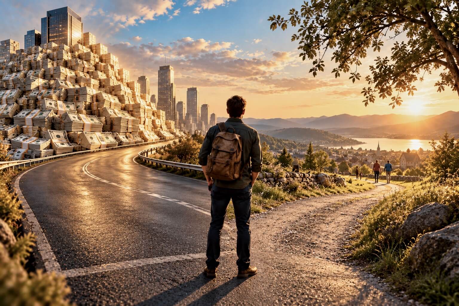 Person deciding which path to take - left is money - right is life